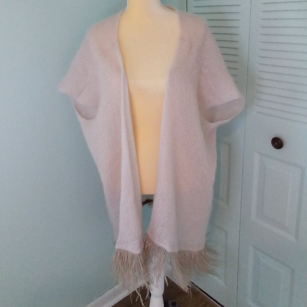 AMORALLE KNIT COMONO MOHAIR SILK OSTRICH FEATHERS & VELVET TRIM EUROPEAN SOFT